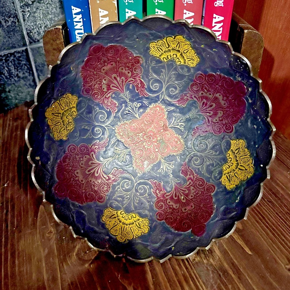 Vintage‎ India Brass/Enamel Hand Painted Scalloped Pedestal Fruit Decor Bowl